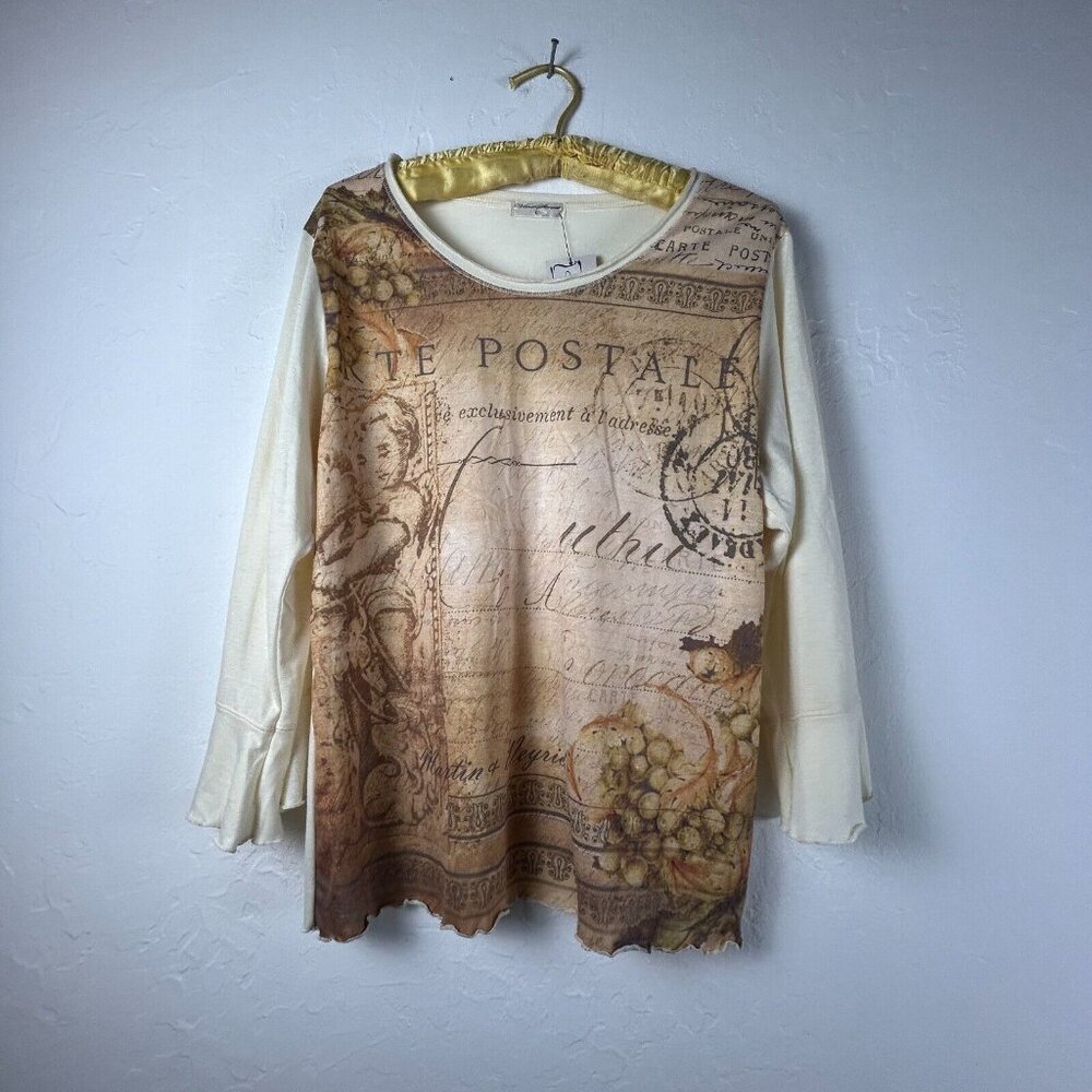 New Vine Street Womens CARTE POSTALE Graphic Top Large Brown Bell Sleeve Stretch